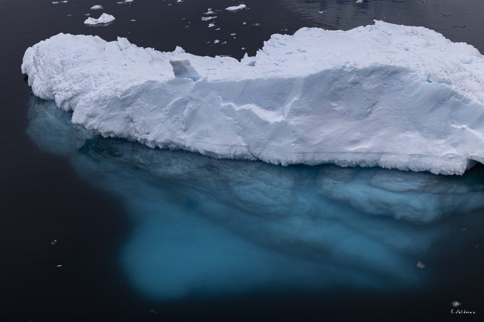 An iceberg with turquoise ice beneath the waterline